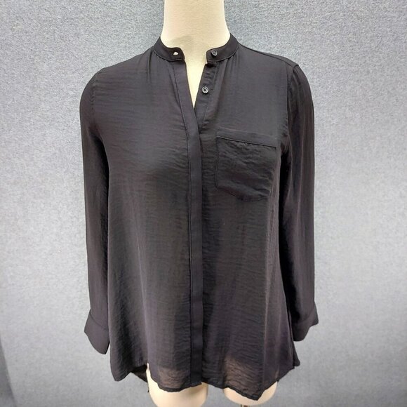 A N A Womens Black Semi Sheer Top Size Small PS Long Sleeve Button Up Blouse - Picture 1 of 8